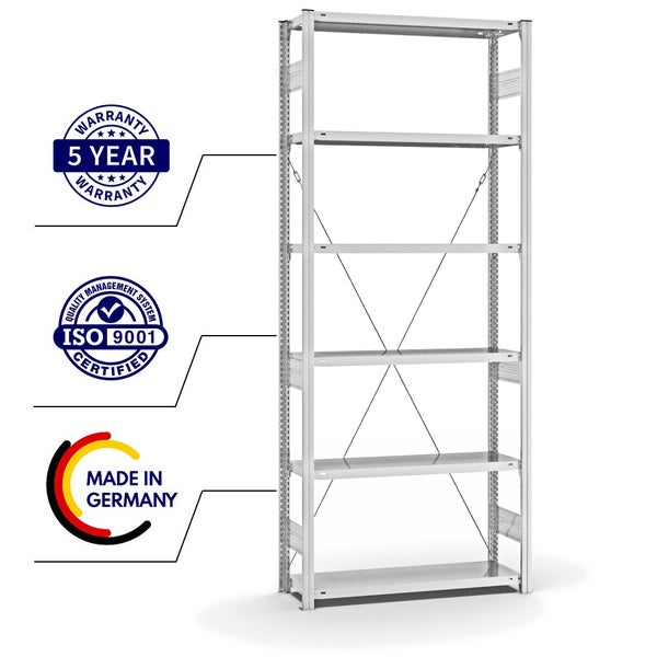 PROREGAL Fachbodenregal Stecksystem T-Profil Medium-Duty Grundregal HxBxT 250 x 100 x 30 cm 6 Ebenen Fachlast 220 kg Einseitig Nutzbar Lichtgrau