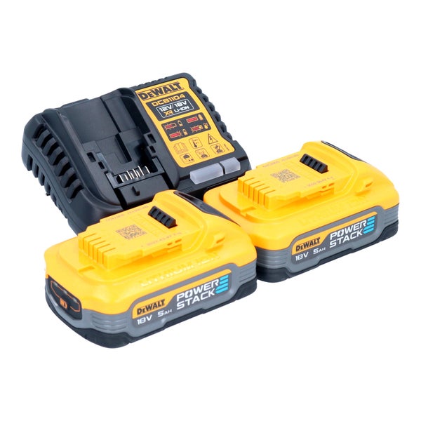 DeWalt Akku-Starter-Set bestehend aus einem Ladegerät und zwei Lithium-Ionen-Akkus mit 18 Volt und 5 Amperestunden.