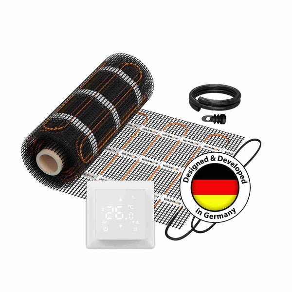Fußbodenheizungsmatte mit Thermostat, Schutzschlauch und dem Siegel entwickelt in Deutschland