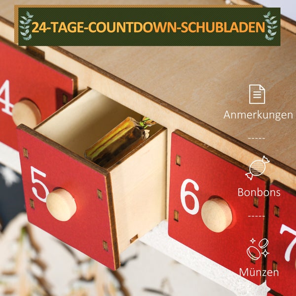 HOMCOM Adventskalender zum Befüllen 24 Schubladen Fächer Weihnachtskalender mit LED-Lichtern Adventskalenderbox Weihnachtsdekoration DIY MDF 34 x 7 x 34 cm Rot