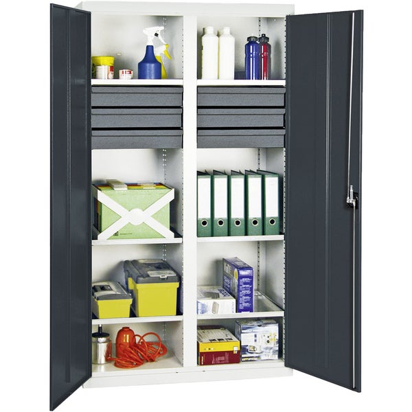 Offener Metallschrank für Werkstatt oder Büro mit zwei anthrazitfarbenen Türen, Einlegeböden und grauen Schubladen.