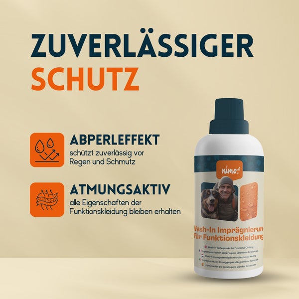 nimo® Wash-In Imprägnierung für Funktionskleidung • Versiegelung zum Schutz gegen Nässe und Schmutz