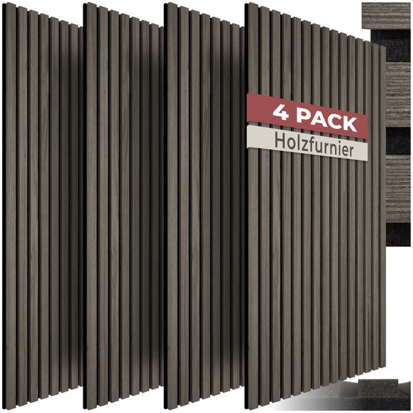 4er-Pack Wandpaneele mit vertikalen Holzfurnier-Lamellen auf Filzrückseite.
