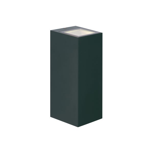 Rechteckige Außenwandleuchte aus Metall in Anthrazit mit quadratischem Lichtauslass auf der Oberseite.