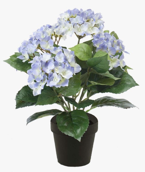 Nahaufnahme einer künstlichen Hortensie mit detaillierten grünen Blättern und hellblauen Blüten.