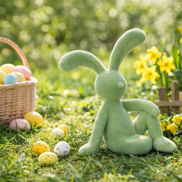 Grüne, beflockte Osterhasen-Figur sitzend auf einer Wiese neben einem Weidenkorb mit bunten Ostereiern und gelben Narzissen.