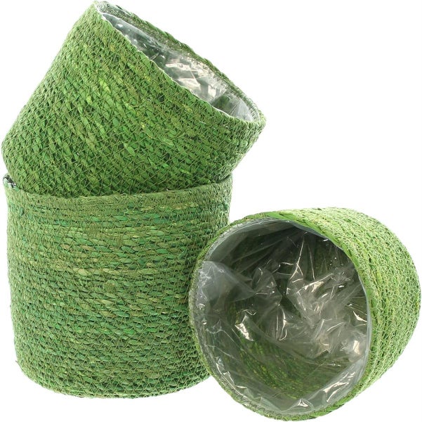 Dekoleidenschaft 3x Pflanzkorb Green aus Seegras, grün, Blumentopf, Pflanzkübel, Pflanztopf für Drinnen & Draußen, Blumenkübel