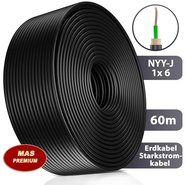 MAS Premium Erdkabel Starkstromkabel NYY-J 1 mal 6 Quadratmillimeter, Rolle mit 60 Meter Länge.