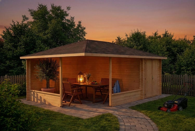 Gartenpavillon aus Holz mit Walmdach, offenem Sitzbereich mit Tisch und Stühlen sowie einem geschlossenen Abstellraum mit Doppeltür.
