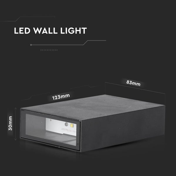 LED Wandleuchte mit Abmessungen 123 Millimeter Breite, 83 Millimeter Tiefe und 30 Millimeter Höhe.