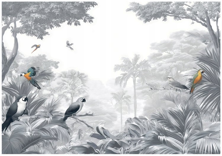 Tapete mit Dschungelmotiv und verschiedenen Vogelarten