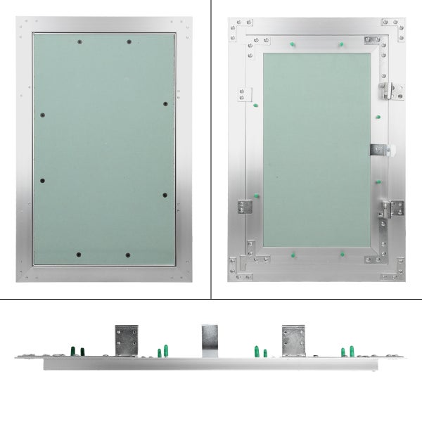 Revisionstür aus Aluminium mit Gipskartoneinlage für Trockenbau, Ansicht von vorne, hinten und von der Seite.