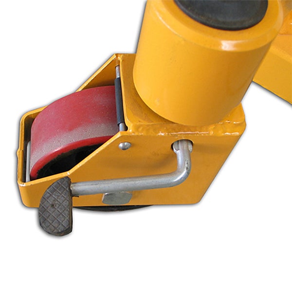 Gelber Möbelroller mit Feststellbremse und roter Rolle