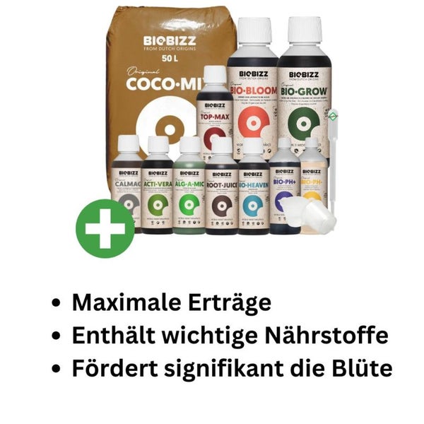 BioBizz Coco Mix Big L – 50L Kokos-Substrat + Bio Grow & Bloom (je 500 ml) + Alg-A-Mic, Top-Max, Root Juice, Acti Vera & mehr – Komplettset für optimales Pflanzenwachstum & Blüte inkl. Pipette