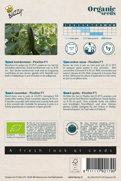 Snackgurke Picolino F1 Saatgutpackung mit Anbauhinweisen und Bio-Siegel