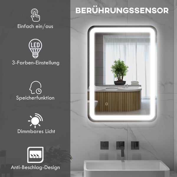 HOMCOM Badspiegel, 50 x 70 cm LED Badezimmerspiegel mit 3 Lichtfarben, Wandspiegel mit Touch-Schalter, Memory-Funktion, Lichtspiegel mit Anti-Beschlag, IP44