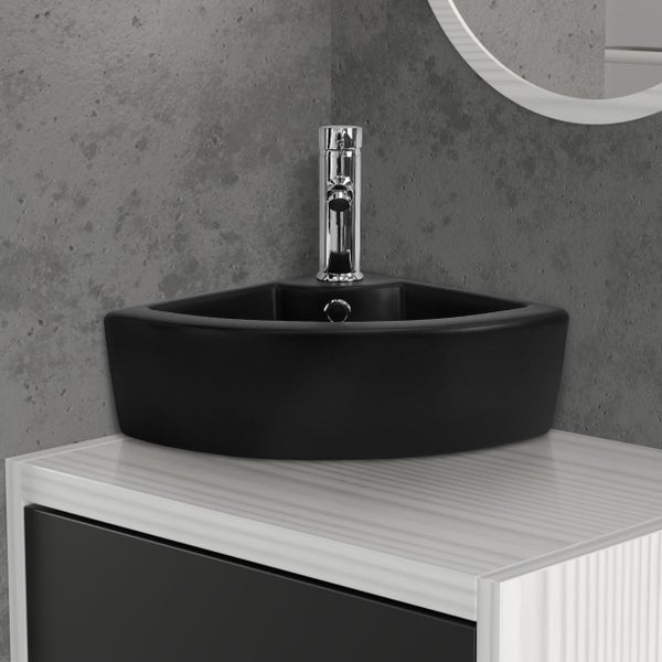 ML-Design Waschbecken Eck aus Keramik in Schwarz, 46x33x13cm, Eckig, Wandmontage/Aufsatzwaschbecken, Eckwaschbecken mit Überlauf, Hängewaschbecken Waschtisch Waschschale Waschplatz Handwaschbecken