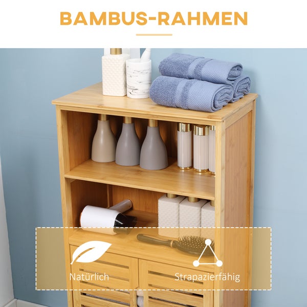 kleankin Badezimmerschrank, Unterschrank aus Bambus, Badschrank mit Lamellentüren, Beistellschrank, Mehrzweckschrank mit Kippschutz, Landhausstil, Naturholz, 50 x 29 x 92 cm