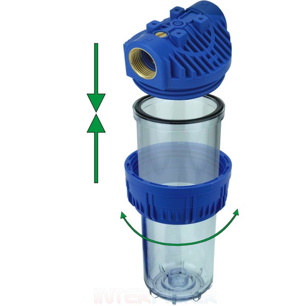 Wasserfiltergehäuse mit transparentem Becher und Schraubverschluss zur Montage von Filterkartuschen in der Wasserleitung