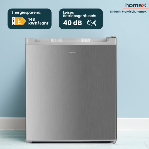 Silberner homeX Kühlschrank mit Energieeffizienzklasse E und einem Betriebsgeräusch von 40 Dezibel