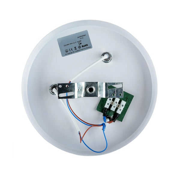 Innenansicht einer Deckenleuchte mit elektrischen Anschlüssen und RoHS Kennzeichnung