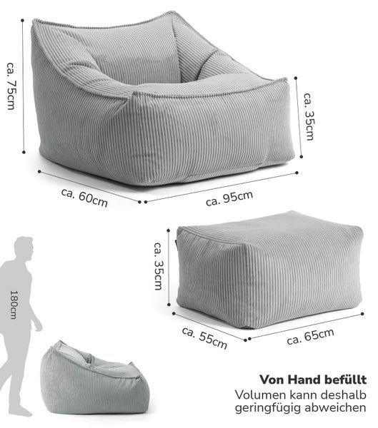 mokebo Sitzsack Sessel mit Hocker aus Cord 'Der Lümmel', XXL Sitzsack, Cord Sessel oder Sitz Sessel in Grau