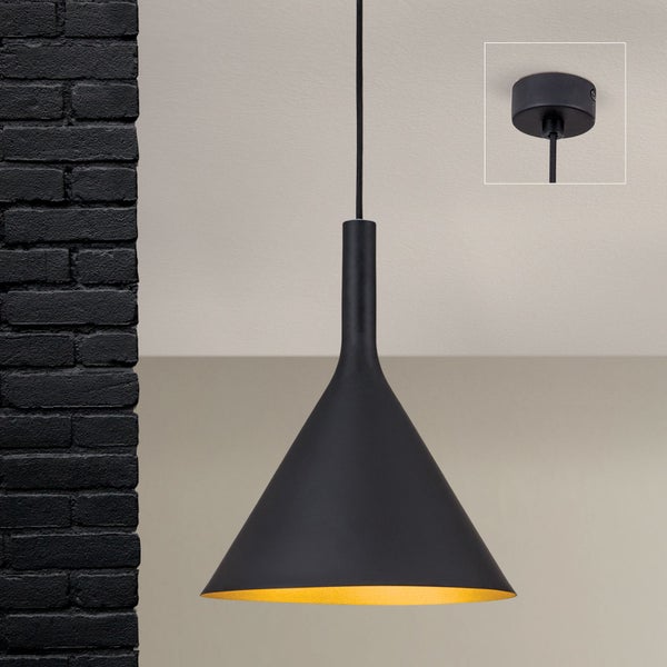 Moderne konische Hängeleuchte in schlichtem Design mit Textilkabel und Deckenbefestigung für die Innenbeleuchtung.
