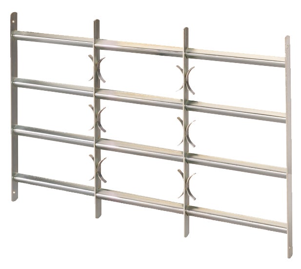Fenstergitter aus Metall mit vier horizontalen Stäben und dekorativen Elementen für die Einbruchsicherung