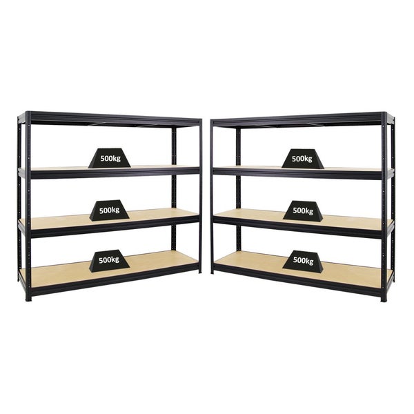 Zwei schwarze Schwerlastregale aus Metall mit Holzböden, jeder Boden mit einer Tragkraft von 500 Kilogramm.