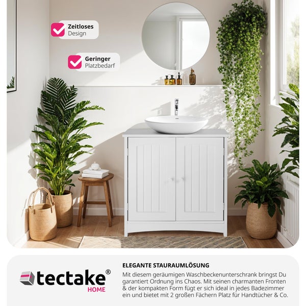 Weißer Waschbeckenunterschrank, Aufsatzwaschbecken, Spiegel. Zeitloses Design, platzsparend. Helles Bad mit Pflanzen. tectake HOME Logo.