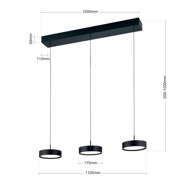 Technische Zeichnung einer dreiflammigen LED Pendelleuchte mit Maßangaben in Millimetern.