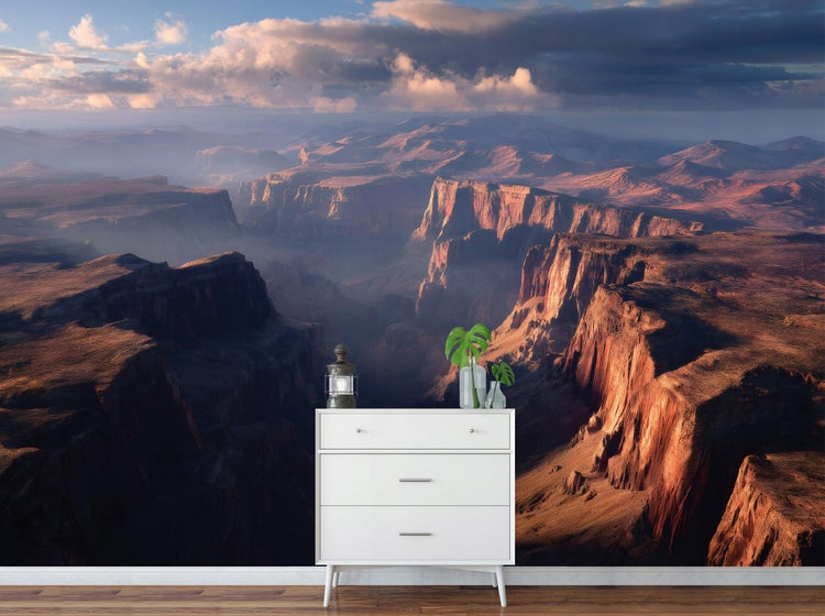 Fototapete mit Berglandschaft über weißer Kommode