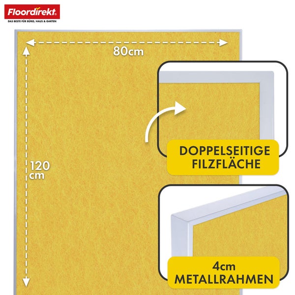 Floordirekt Akustikbild mit den Maßen 120 mal 80 Zentimeter mit doppelseitiger Filzfläche und vier Zentimeter Metallrahmen