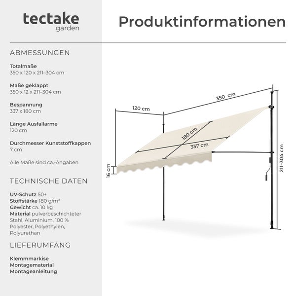 Produktinfo tectake garden Klemmmarkise, Maße 350 mal 120 mal 211 bis 304 Zentimeter, Ultraviolettschutz 50 plus und technische Daten.