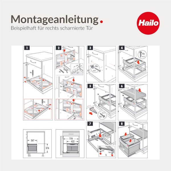 Montageanleitung für ein Hailo Einbaumüllsystem in einem Küchenschrank mit acht bebilderten Schritten und Maßangaben.