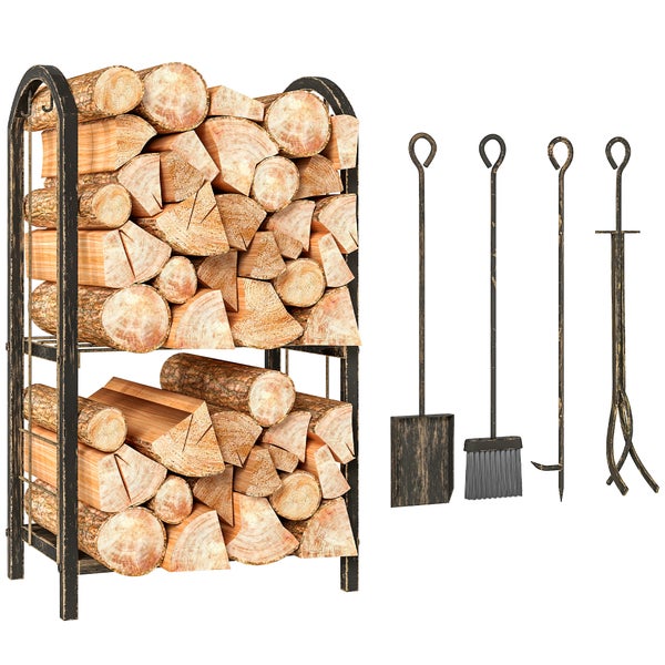 Holzregal mit Kaminbesteck