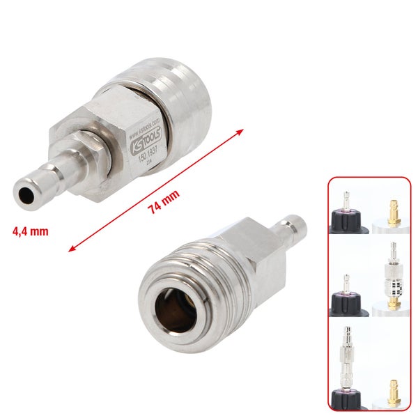 KS Tools Logo Druckluft-Schnellkupplung mit den Maßen 74 mm und 4,4 mm