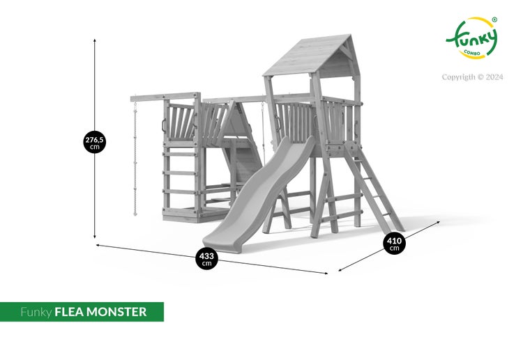 Funky Combo Spielturm Funky FLEA MONSTER aus Holz. Höhe 276,5 Zentimeter, Breite 433 Zentimeter, Tiefe 410 Zentimeter.