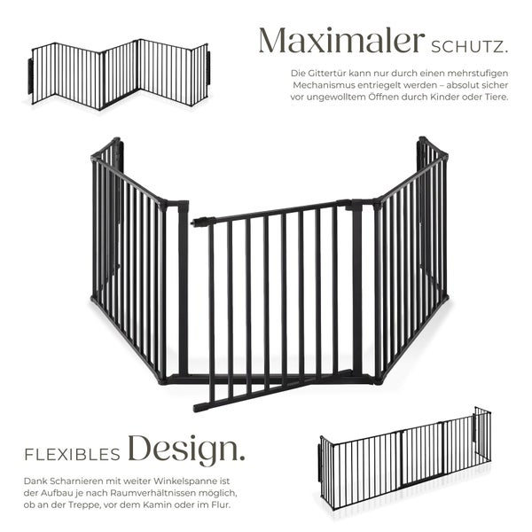 Schwarzes Schutzgitter aus Metall mit flexiblen Elementen für Treppen, Kamine oder Flure, inklusive einer Gittertür mit Sicherheitsverschluss.