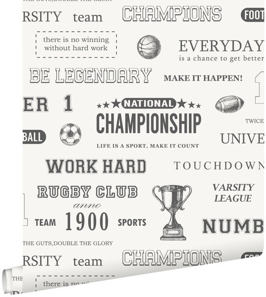 Tapete mit Sportmotiven und Schriftzügen