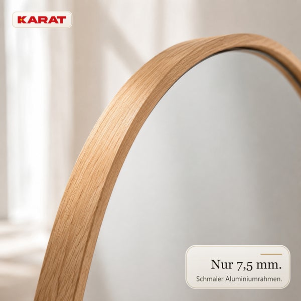 Runder Wandspiegel mit Holzoptik Aluminiumrahmen, 7,5 Millimeter schmaler Rahmen, Karat Logo.