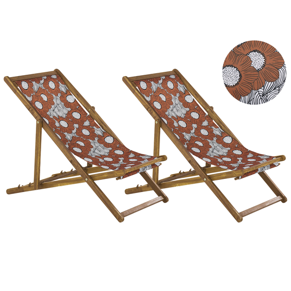 Set mit 2 klappbaren Liegestühlen ANZIO mit Ersatzstoffen Blumenmuster Akazienholz Hellbraun