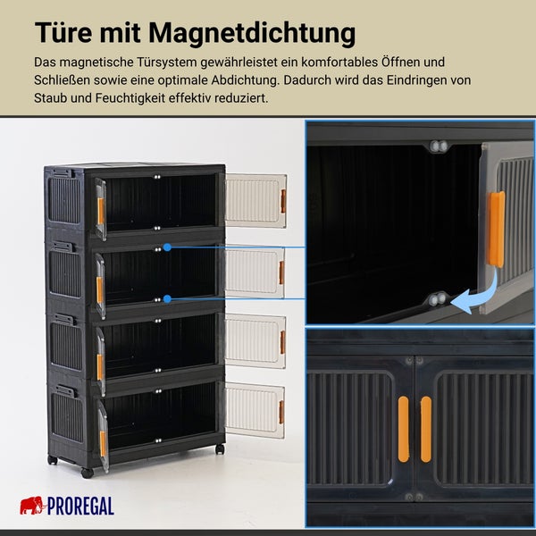 PROREGAL Kunststoff-Stapelschrank mit vier Fächern, Rollen und Türen mit Magnetdichtung. Detailbilder zeigen das magnetische Verschlusssystem.
