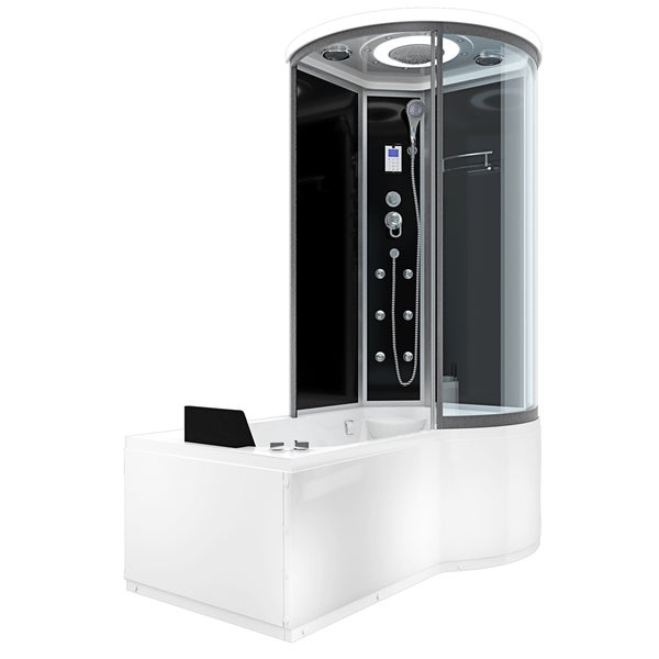 Dampfduschkabine mit Glaswänden, schwarzen Rückwänden, Handbrause, Massagedüsen und digitalem Bedienfeld.