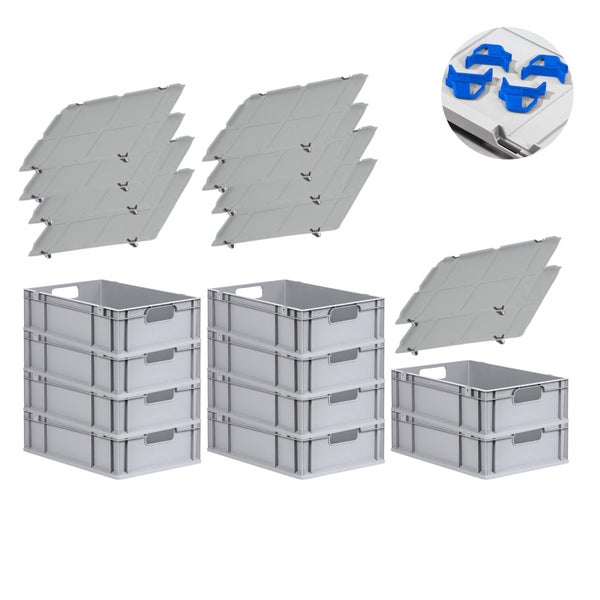 PROREGAL Spar Set 10x Eurobox Nextgen Economy Mit Auflagedeckel & 4x Schiebeschnappverschlüsse Blau Griffe Offen HxBxT 17 x 40 x 60 cm 34 Liter