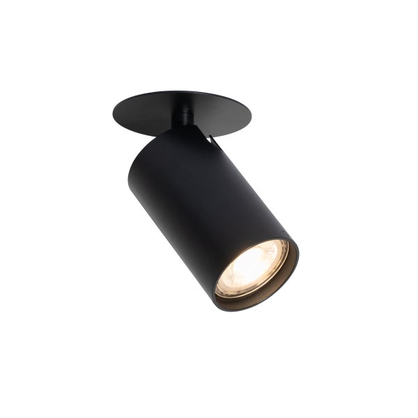 Schwarzer, zylindrischer Deckenspot aus Metall mit runder Basis, schwenkbarer Leuchtenkopf, modernes Design.