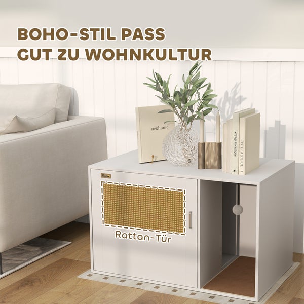 PawHut Katzenklo-Schrank Katzenschrank mit Loch, Katzentoilette mit Tür, Eingang, Kratzpad, Katzenklo Schrank für Katze unter 6 kg, 80 x 50 x 50 cm, Indoor, Weiß
