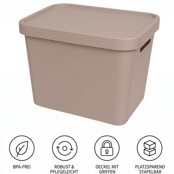 Kunststoff Aufbewahrungsbox mit Deckel und Tragegriffen, stapelbar, robust und pflegeleicht, frei von Bisphenol A.