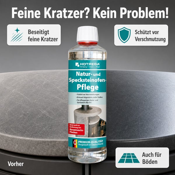 Hotrega Natur und Specksteinofen Pflege zum Entfernen feiner Kratzer und zum Schutz vor Verschmutzung bei Naturstein und Speckstein.