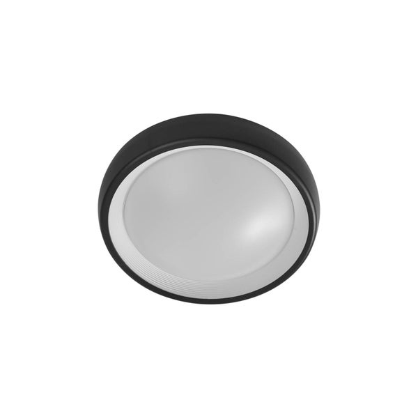 Runde LED-Wand- und Deckenleuchte mit schwarzem Rahmen und weißer Kunststoffabdeckung.